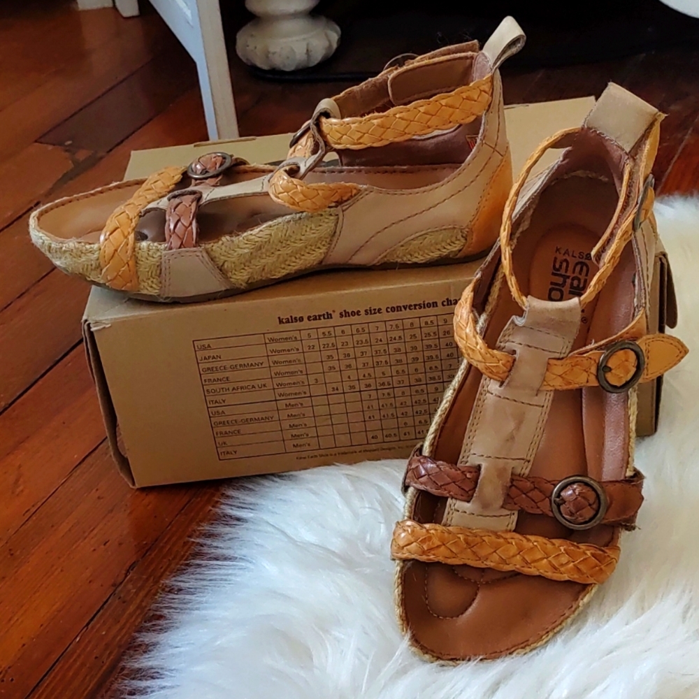 Calso Earth shoe Amber Neutral calf leather jute soles Sz. 5 1/2 To 6